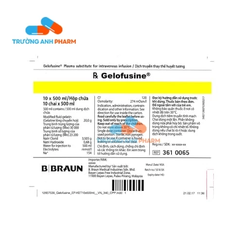 Gelofusine 500ml B.Braun - Thuốc trị giảm thể tích máu và huyết tương